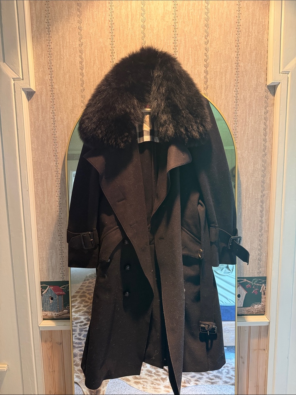 Burberry Women’s Black Wool Pea Coat with Faux Fur Collar